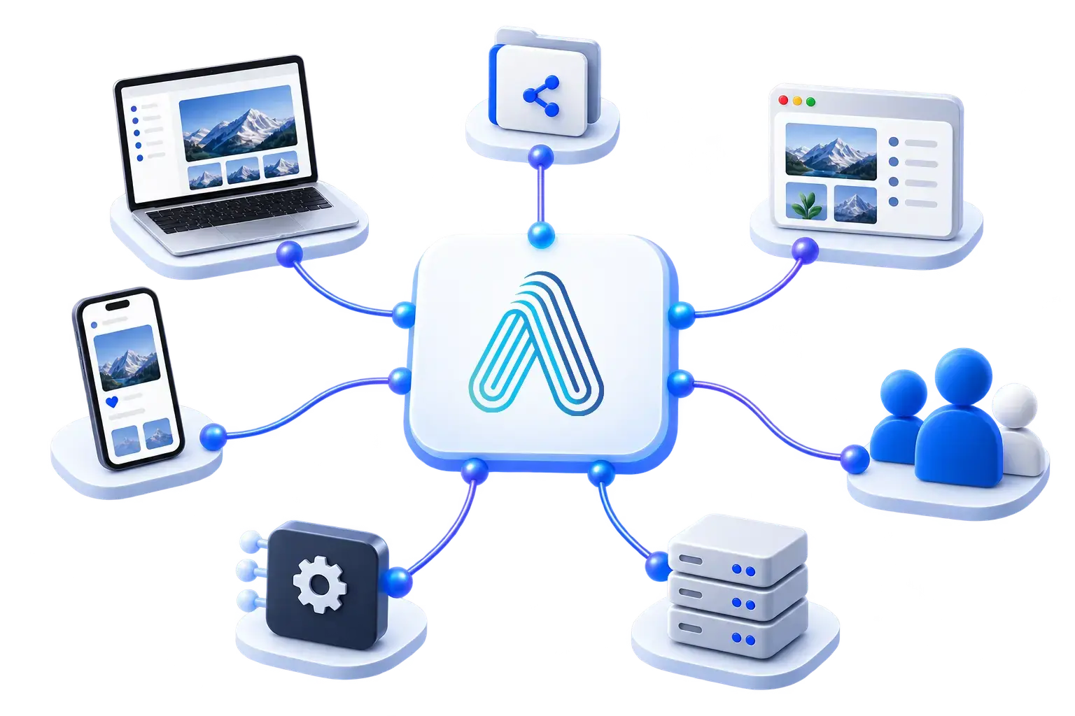 Agravity GlobalDAM als zentraler Hub, verbunden mit Laptop, Smartphone, Portalen, Teams, Systemen und Servern